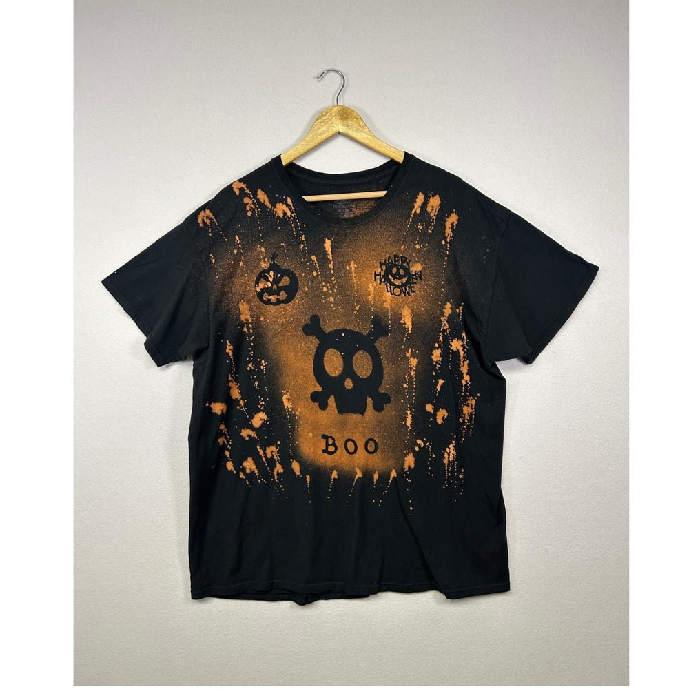 Halloween Spooky Fruit of the Loom Men XL Black Bleached Sugar Skull Graphic Tee